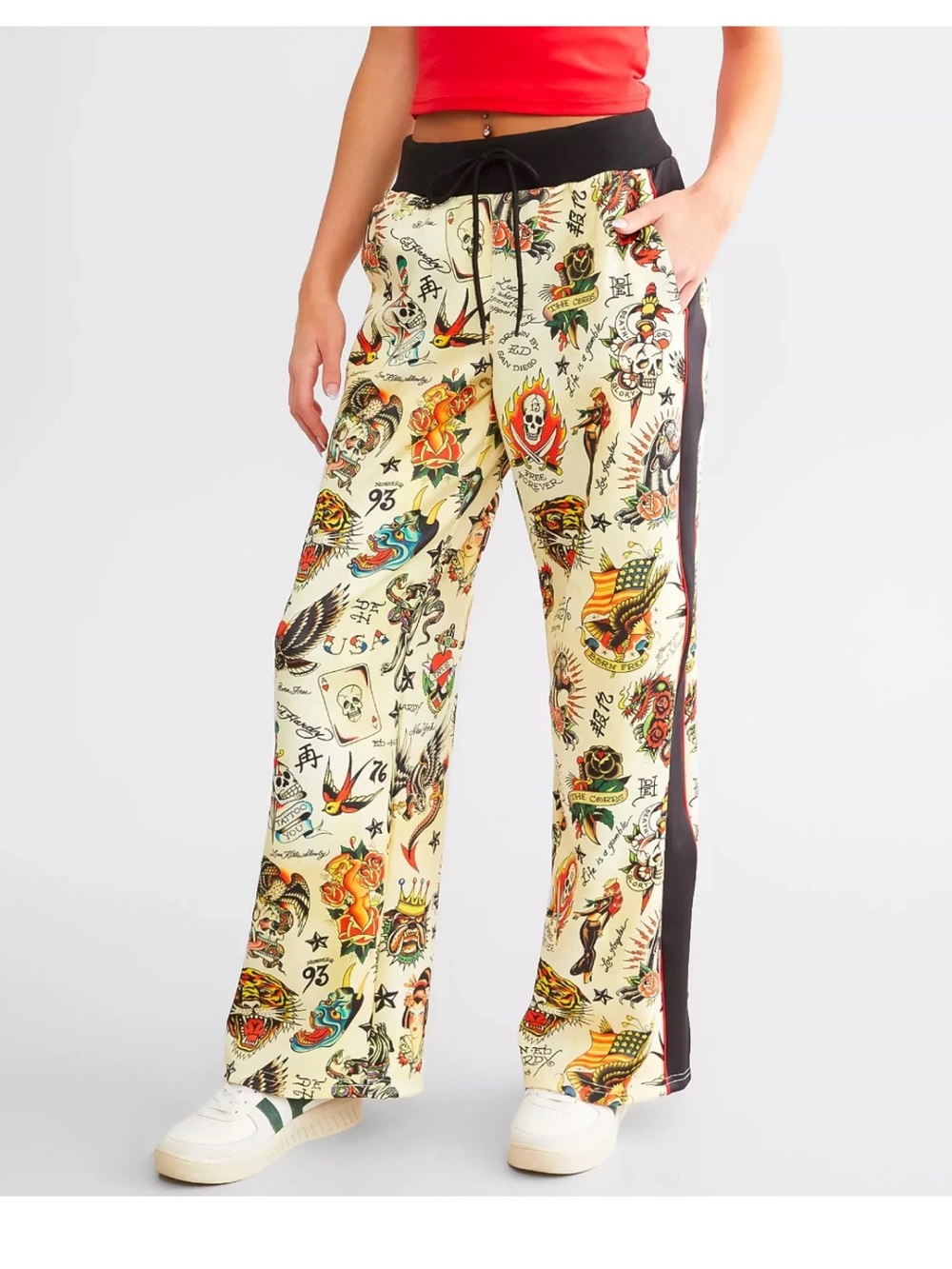 Ed Hardy Track Pants Tattoo Print Y2K Wide Leg Embroidered Size XL